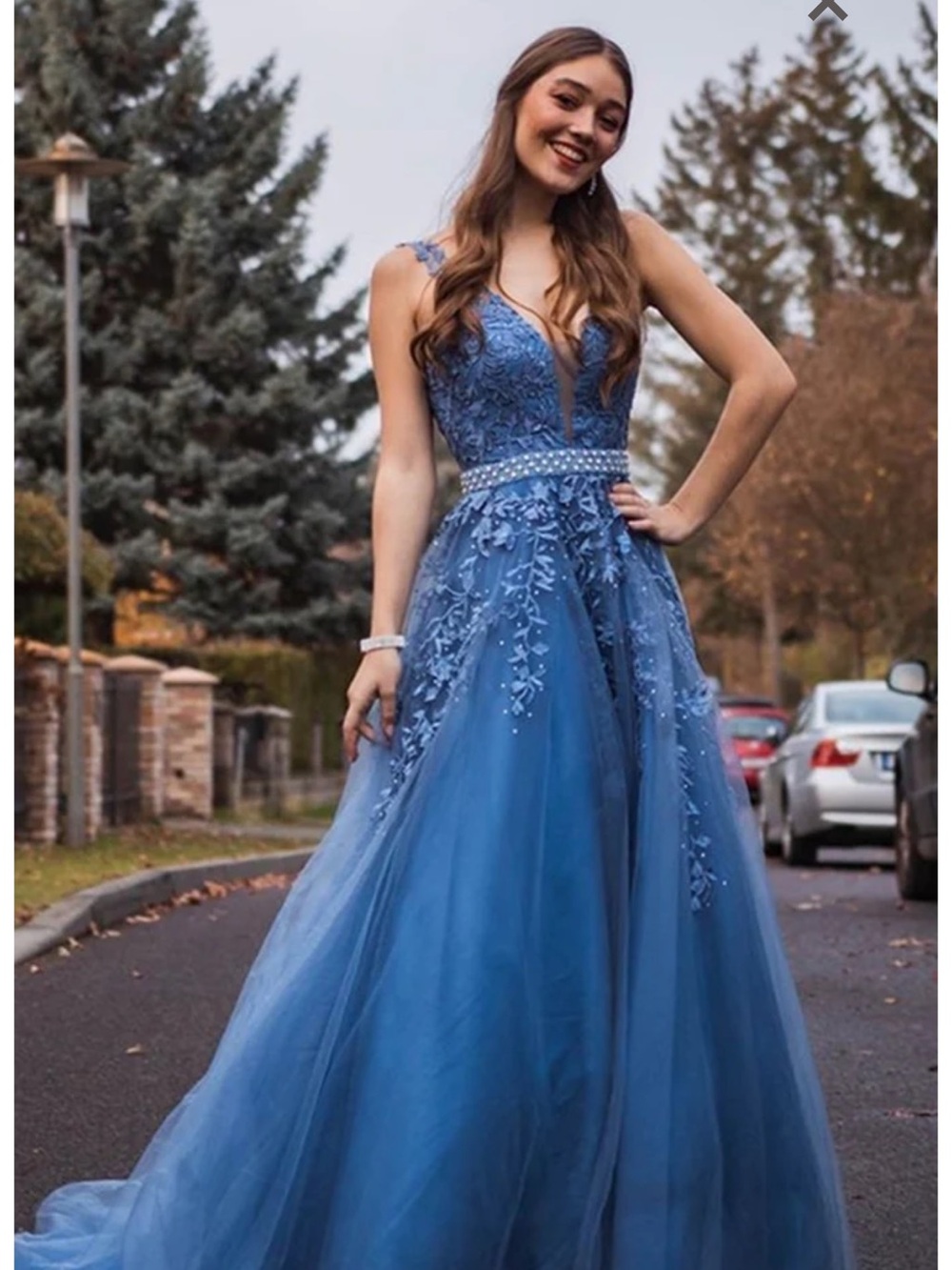 JVN by Jovani Royal Blue Embroidered V-Neck Tulle Gown